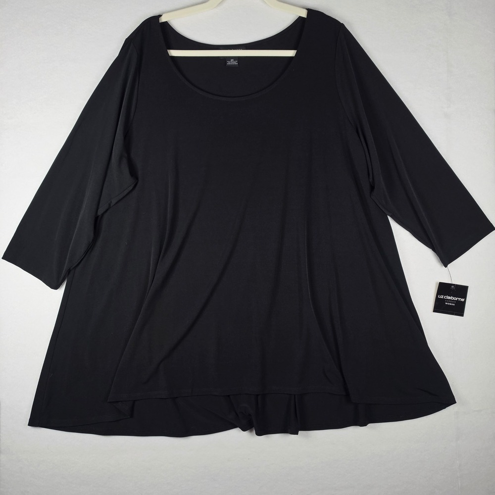 Liz Claiborne Career Woman Tunic‎ Top 2X Black High-Low Hem 3/4 Sleeve